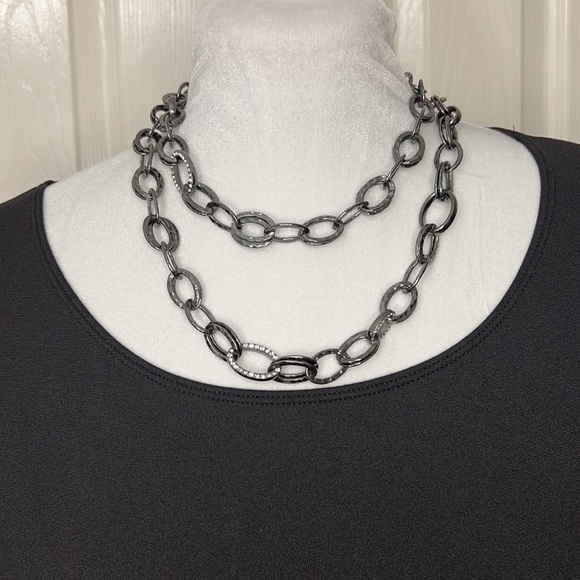 Jones New York Long Black Chain Link Necklace with Bling Crystals - Picture 1 of 7